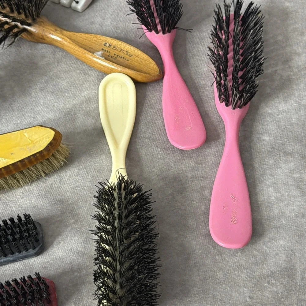 Lot of 11 Vintage Hair Brushes - clear Conair Wooden- Round